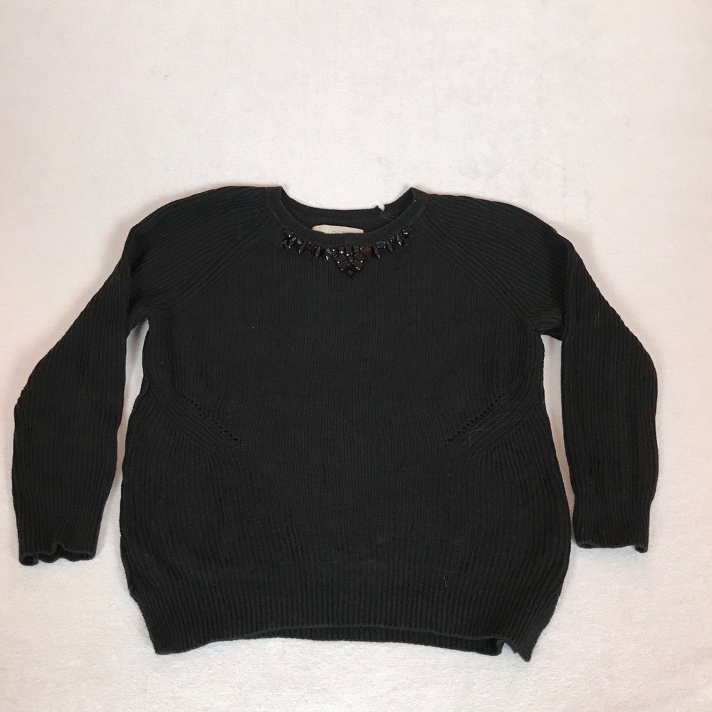 Ann Taylor Loft Jewel Beaded Cotton Silk Blend Black Textured Knit Sweater